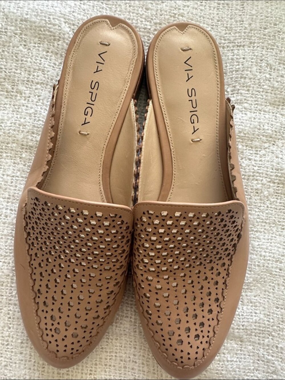 Via Spiga Tan Laser-Cut Slip-On Mules